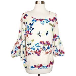 JANE and Delancey Womens Floral Flare Sleeve Top Size Small White Red Blouse